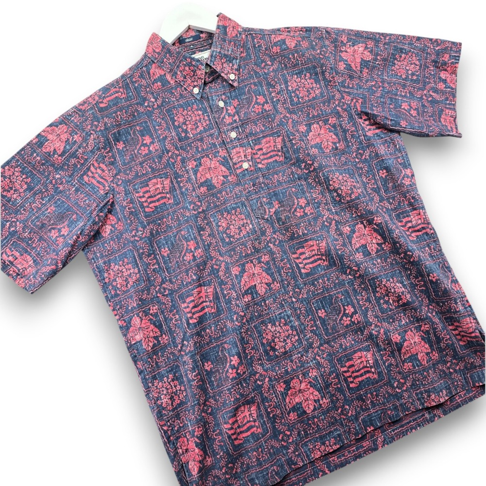 Reyn Spooner Mens M Blue Red Hawaiian Popover Shirt Cotton Blend Short Sleeve